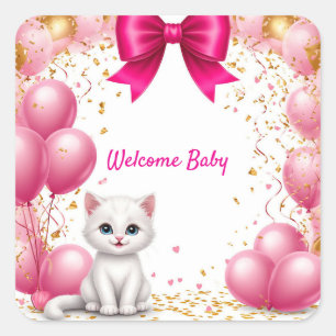 Little Kitten Welcome Baby Card 🐱 Square Sticker