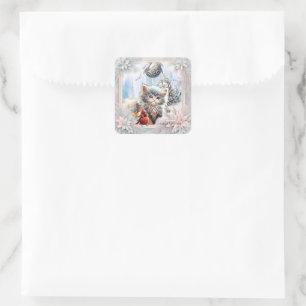 Little kitten with bird square sticker