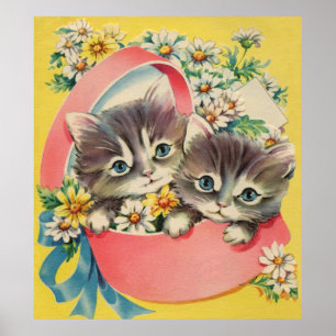 Little Kittens A Hatbox and Daisies Poster