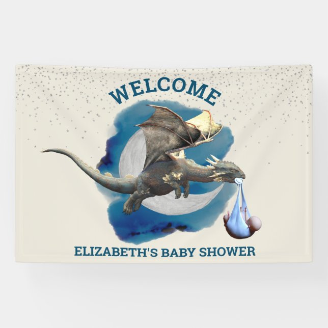  Little Knight Dragon Silver Star Baby Shower   Banner (Horizontal)