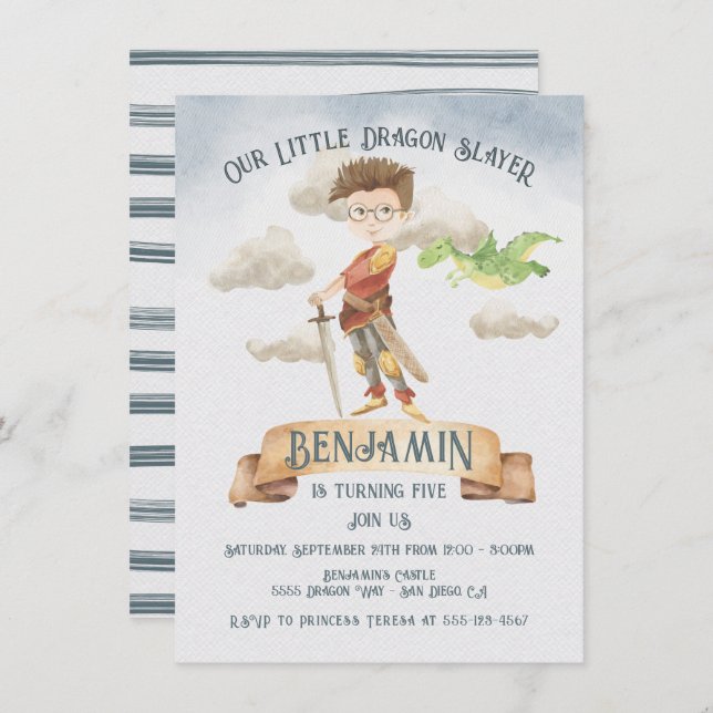 Little Knight Dragon Slayer Fairytale Birthday Inv Invitation (Front/Back)