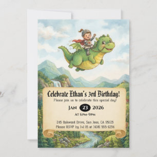 Little Knight Riding a Dragon Birthday Invitation