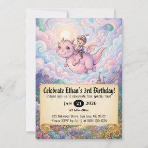 Little Knight Riding a Dragon Birthday Invitation