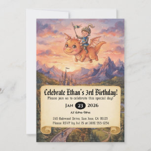 Little Knight Riding a Dragon Birthday Invitation
