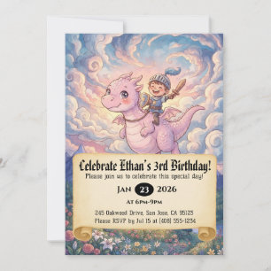 Little Knight Riding a Dragon Birthday Invitation