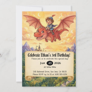 Little Knight Riding a Dragon Birthday Invitation