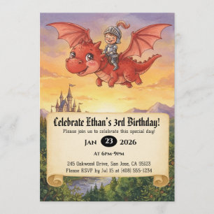 Little Knight Riding a Dragon Birthday Invitation