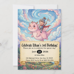 Little Knight Riding a Dragon Birthday Invitation