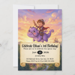 Little Knight Riding a Dragon Birthday Invitation
