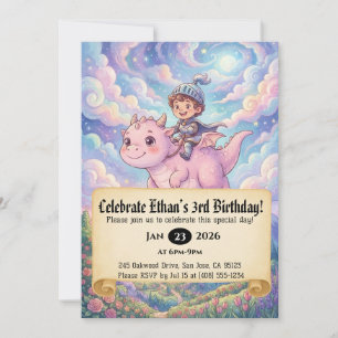 Little Knight Riding a Dragon Birthday Invitation