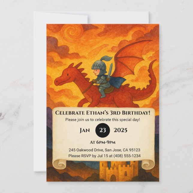 Little Knight Riding a Red Dragon Birthday Invitation (Front)
