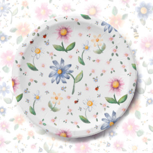 Little Lady Bugs and Flowers Pattern Paper Plate