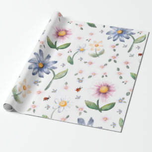 Little Lady Bugs and Flowers Pattern Wrapping Paper