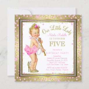 Little Lady Girls 5th Birthday Party Pink Gold Invitation