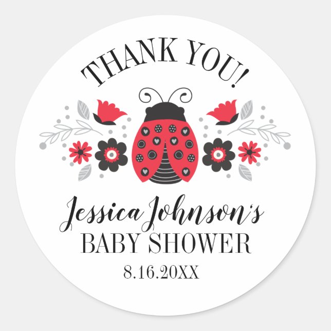 Little Lady Ladybug Baby Shower Thank You Classic Round Sticker (Front)