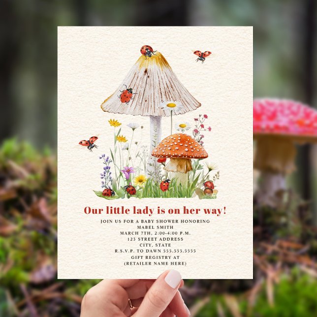 Little Lady Ladybug Mushroom Flowers Baby Shower Invitation (Creator Uploaded)