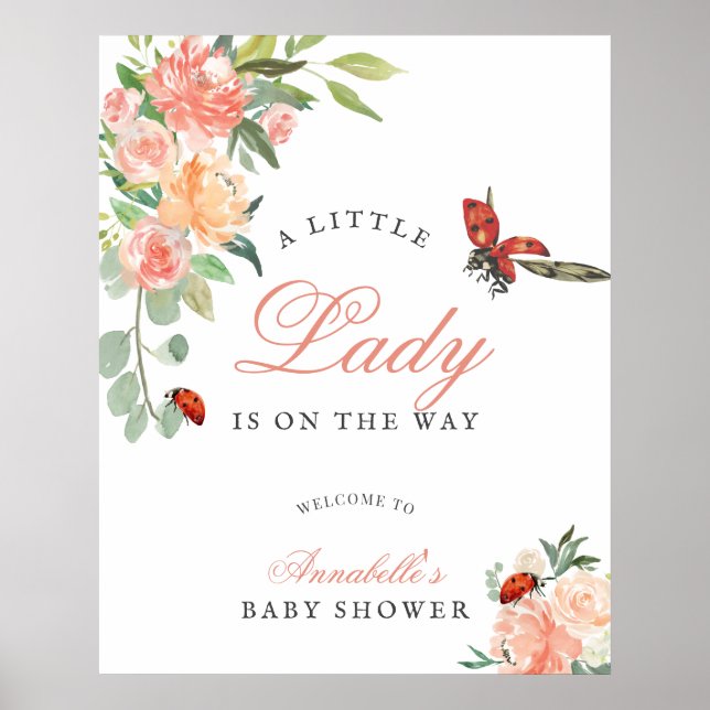 Little Lady Ladybug Roses Girl Baby Shower Welcome Poster (Front)