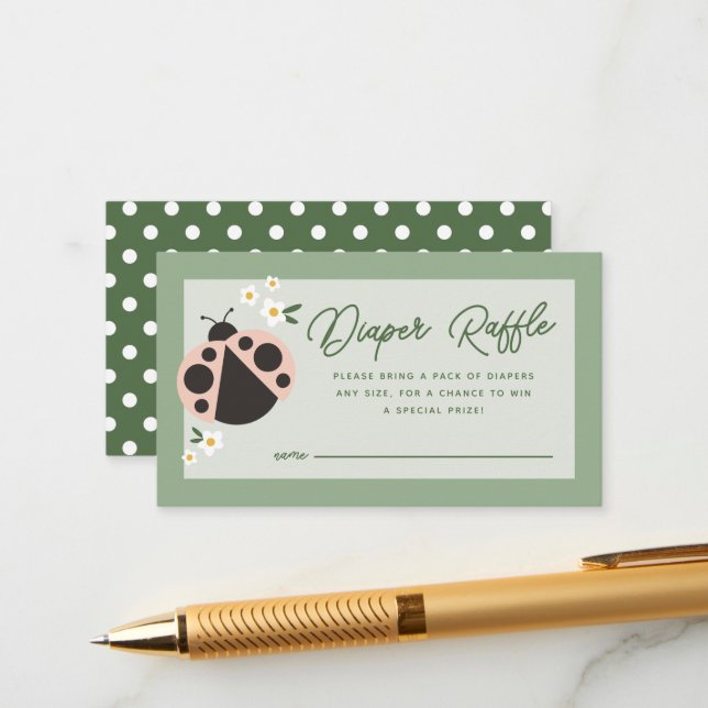 Little Lady Love Bug Sage Green Diaper Raffle Enclosure Card (Front/Back In Situ)