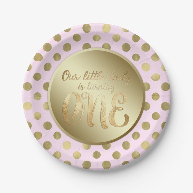 Little Lady Pink Gold 1st Birthday Party Paper Plate (Front)