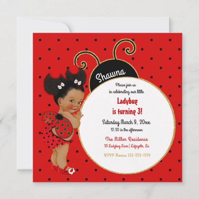 Little Ladybug African American Girl Red Black Invitation (Front)