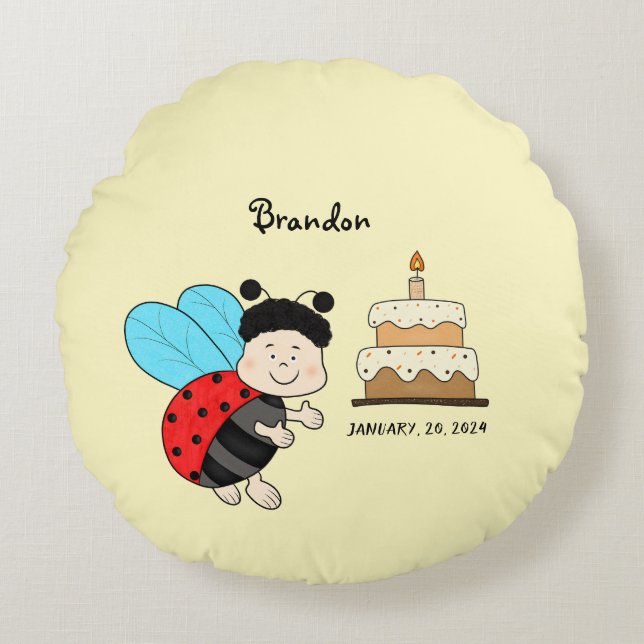 Little ladybug boy with cake round cushion (Front)