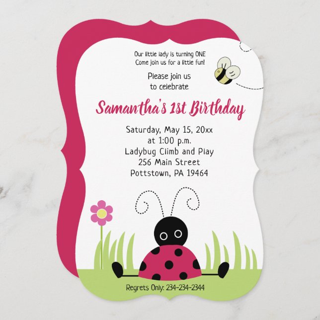 Little Ladybug Girl Birthday Invitation Die Cut (Front/Back)