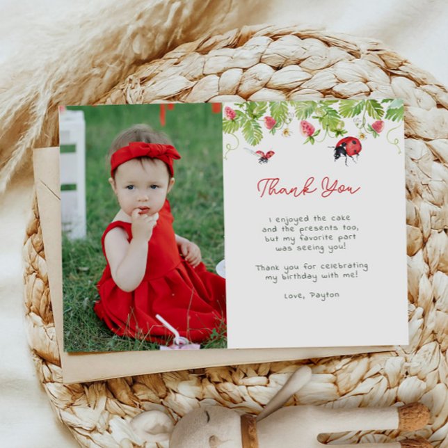 Little Ladybug Girl Birthday Party Photo Thank You Card (Creator Uploaded)