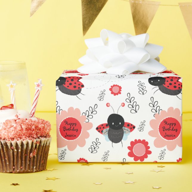 Little Ladybug Happy Birthday Custom Name Wrapping Paper (Birthday Party)