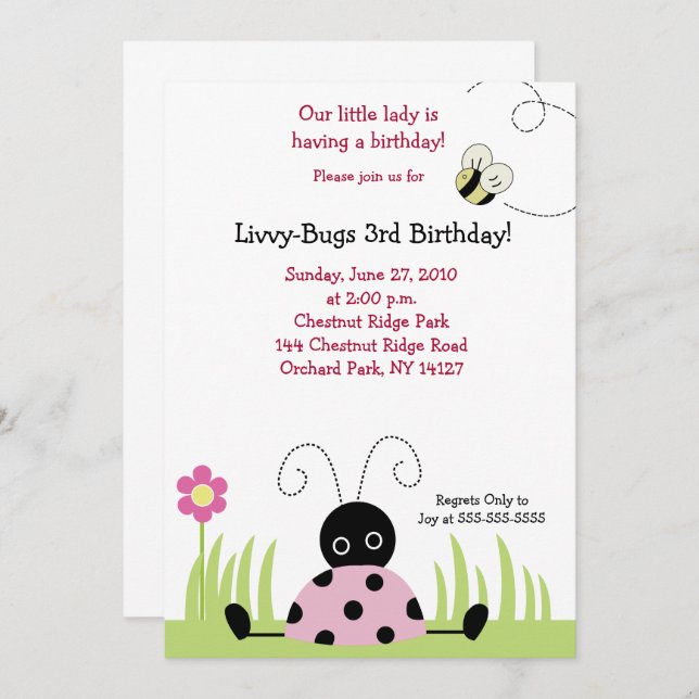 Little Ladybug (Pink) 5x7 Birthday Invitation (Front/Back)