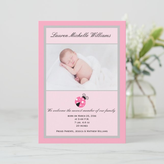 Little Ladybug Pink Grey Baby Girl Photo Birth Announcement (Standing Front)