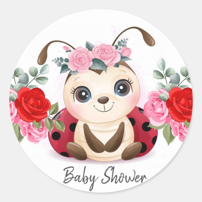 Little Ladybug Red Pink Floral Girl Baby Shower Classic Round Sticker (Front)