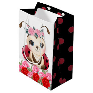 Little Ladybug Red Pink Floral Girl Baby Shower Medium Gift Bag
