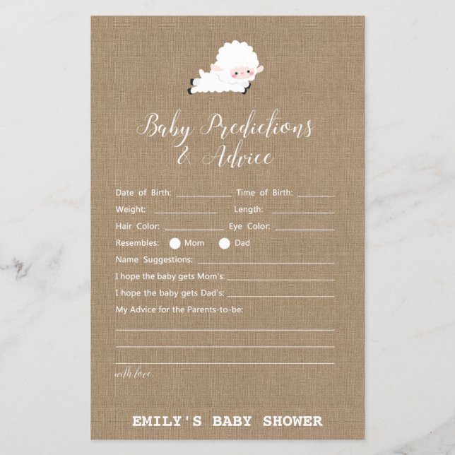 Little Lamb Baby Shower Game PRINTED (Front)