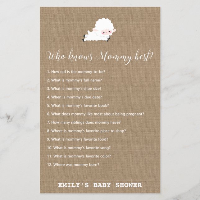 Little Lamb Baby Shower Game PRINTED (Front)