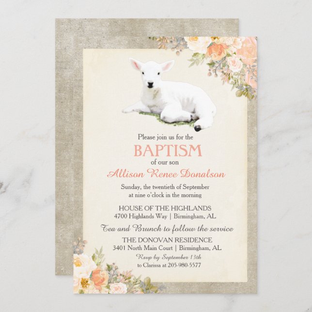 Little Lamb Baptism Floral Invitation (Front/Back)