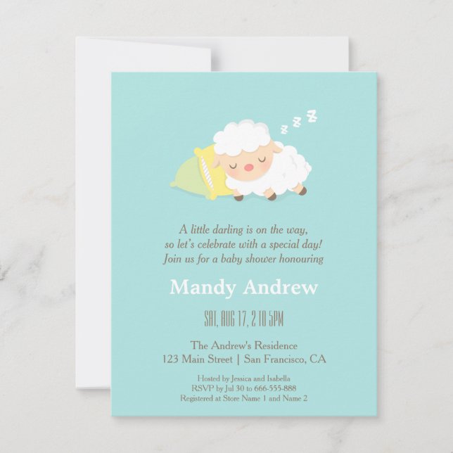 Little Lamb Blue Baby Shower Party Invitations (Front)