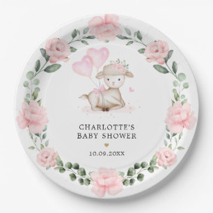 Little Lamb Blush Pink Floral Greenery Baby Girl Paper Plate