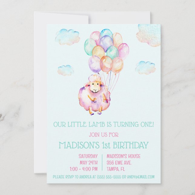 Little Lamb First Birthday Party Invitation (Front)