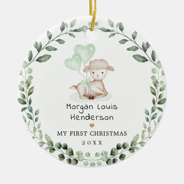 Little Lamb Greenery  Wreath Baby First Christmas Ceramic Ornament (Front)
