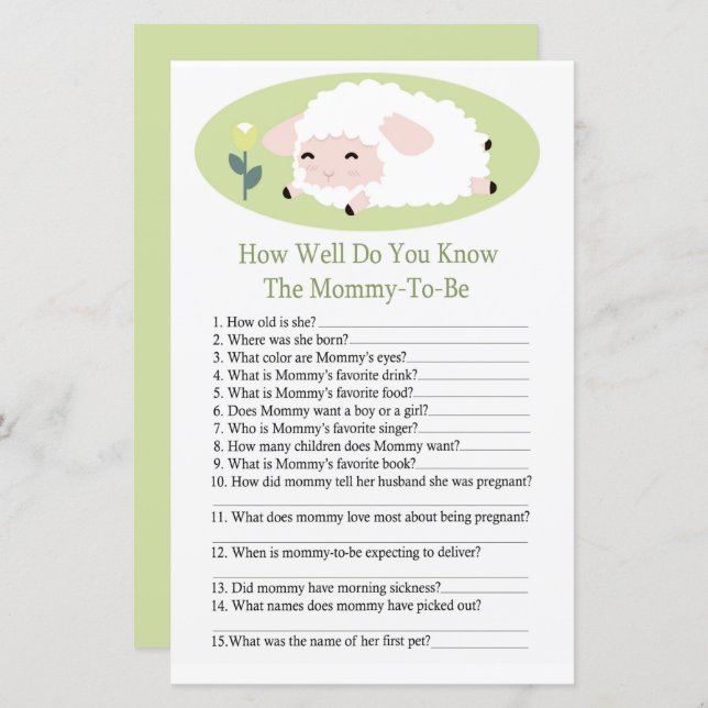 Little lamb How well do you know baby shower game (Front/Back)