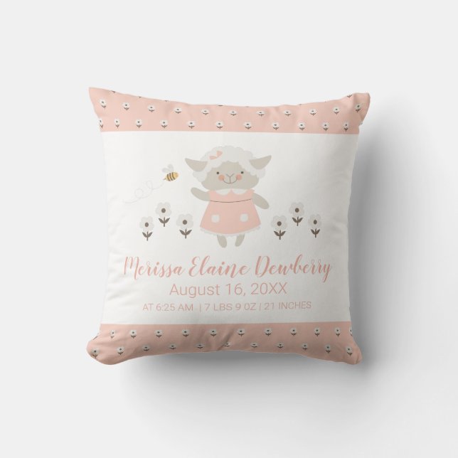 Little Lamb Pink Cute Girl Birth Stats Nursery Cushion (Front)