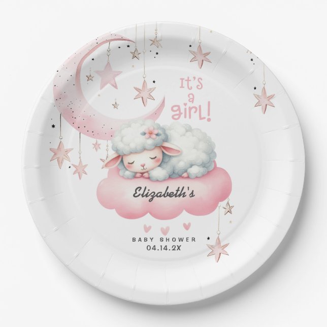 Little Lamb Pink Girl Baby Shower Paper Plate (Front)