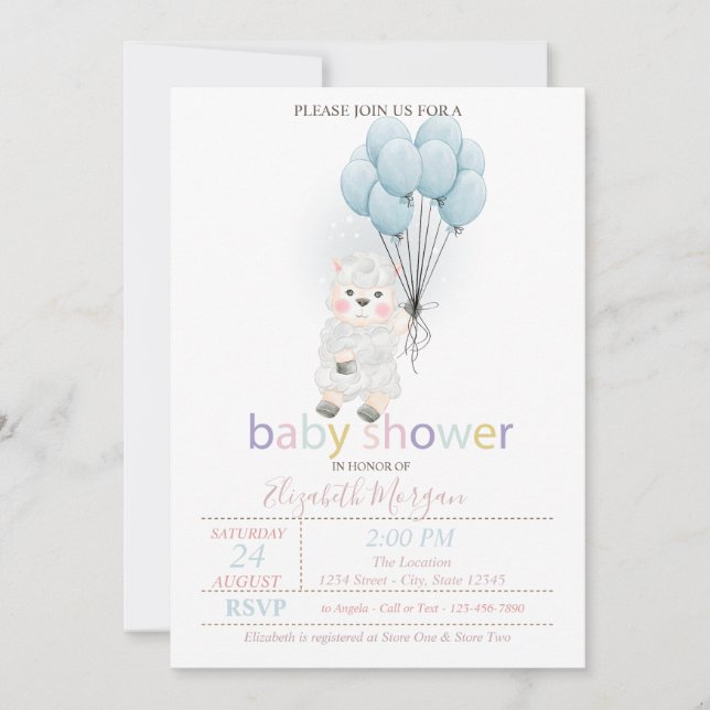 Little Lamb Sheep Balloons Baby Shower Invitation (Front)