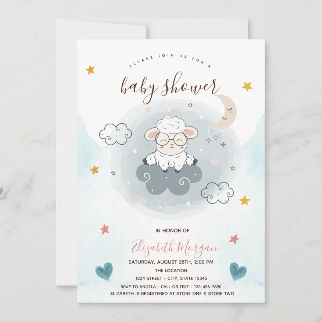 Little Lamb Sheep Cloud Moon Stars Baby Shower  Invitation (Front)