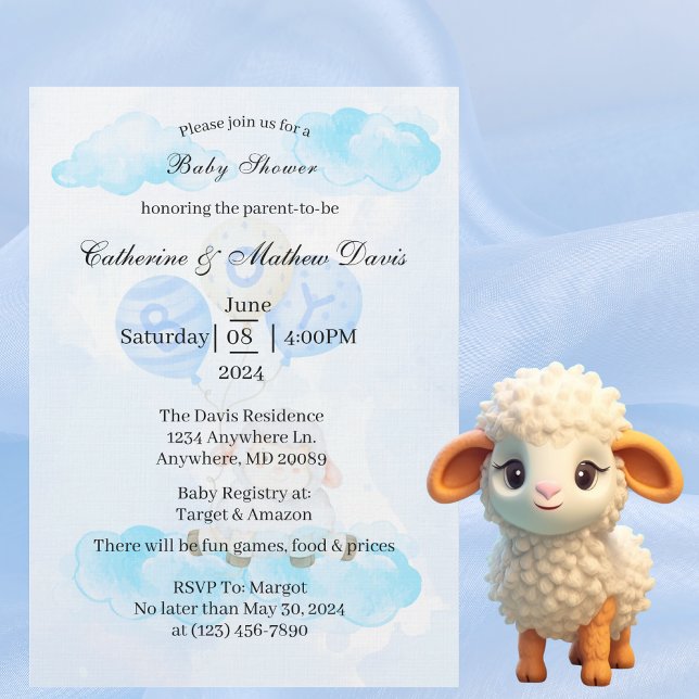 Little Lamb Soaring High in Boy Blue Balloons Invitation (Creator Uploaded)