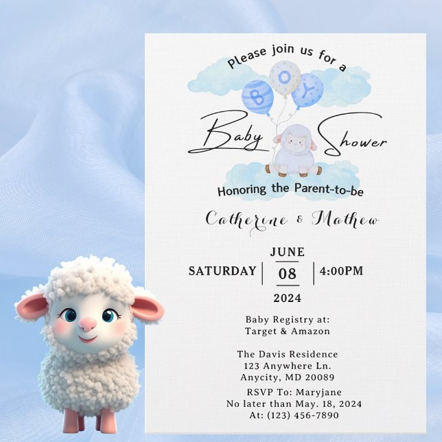 Little Lamb Soaring High in Boy Blue Balloons  Invitation (Creator Uploaded)
