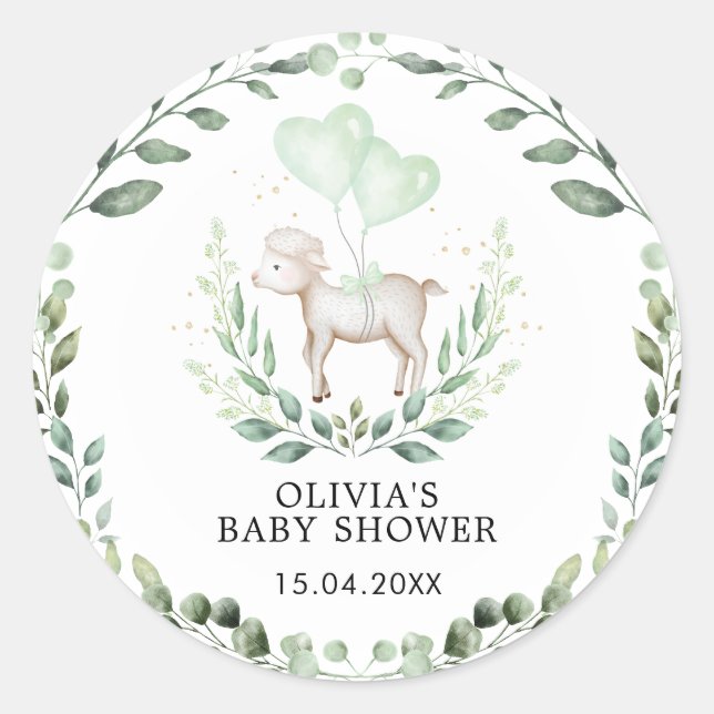 Little Lamb Spring Greenery Baby Sheep Shower Classic Round Sticker (Front)