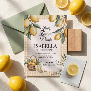 Little Lemon Picnic Gingham Kids Birthday Party Invitation