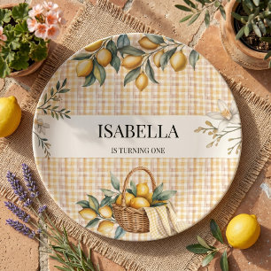 Little Lemon Picnic Gingham Kids Birthday Party Paper Plate