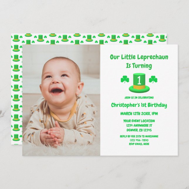 Little Leprechaun 1st Birthday Invitation (Front/Back)